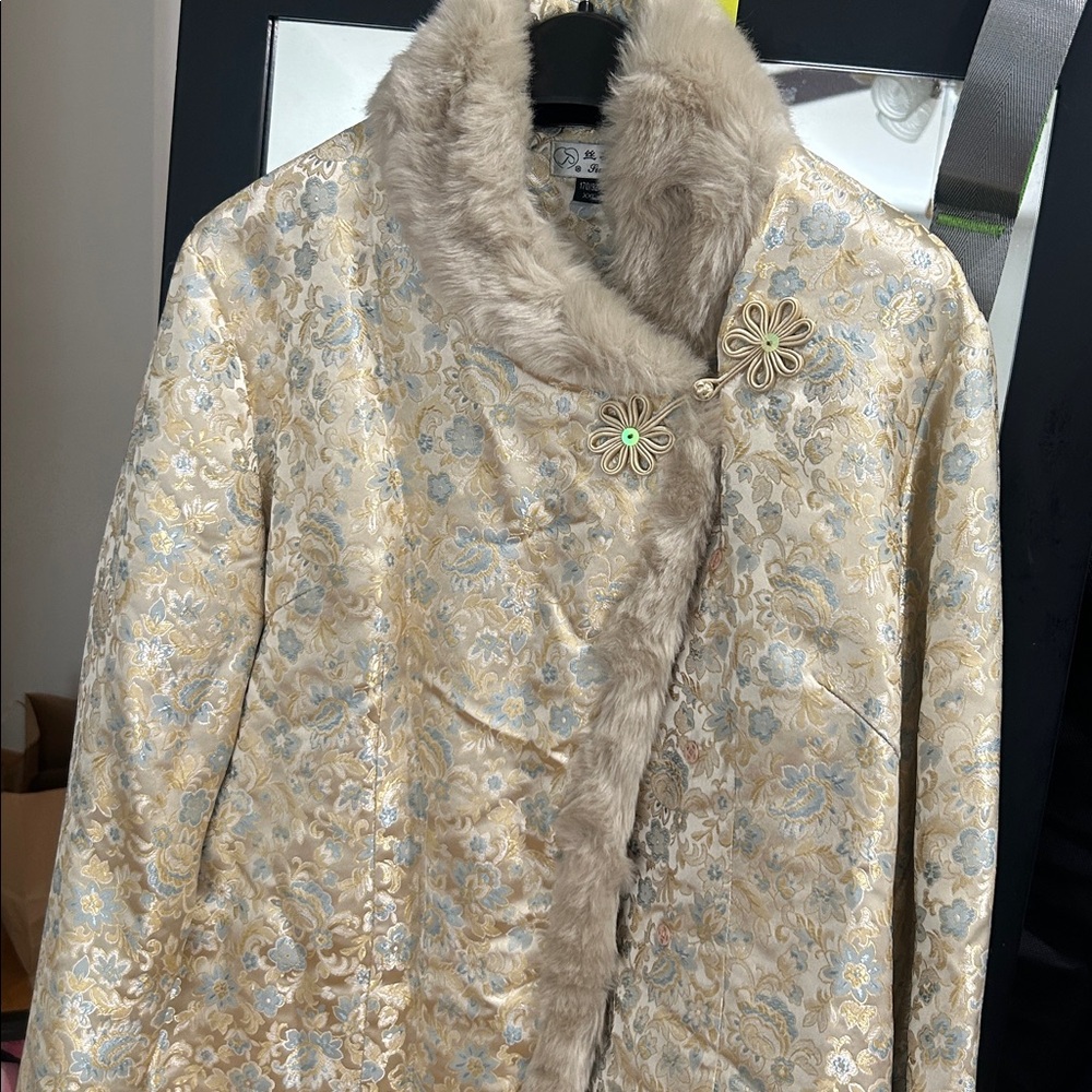 Floral Brocade Coat with Faux Fur Collar
